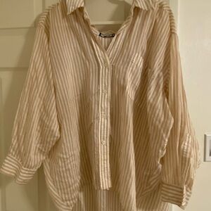 Zara oversized Beige Striped Button Down Shirt